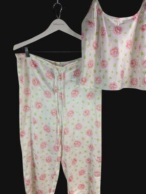 Vintage Victoria's Secret Floral Satin Pajamas Size M Cami Top Drawstring Pants